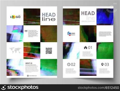 Business template for brochure, flyer, report. Cover design, abstract vector layout in A4 size. Glitched background made of colorful pixel mosaic. Digital decay, signal error, television fail. Business templates for brochure, magazine, flyer, booklet or annual report. Cover design template, easy editable vector, abstract flat layout in A4 size. Glitched background made of colorful pixel mosaic. Digital decay, signal error, television fail.
