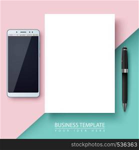 Business template. Paper, smartphone pen Vector eps 10. Business template. Paper, smartphone, pen.