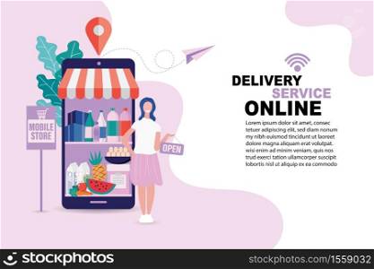 Business template with online store. Concept of online store, shopping concept and delivery of goods through online.