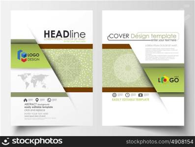 Business templates, brochure, flyer, annual report. Cover design template, layout in A4 size. Green color background with leaves. Spa concept in linear style. Vector decoration for beauty industry. Business templates for brochure, magazine, flyer, booklet or annual report. Cover design template, easy editable vector, abstract flat layout in A4 size. Green color background with leaves. Spa concept in linear style. Vector decoration for cosmetics, beauty industry.