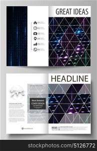Business templates for bi fold brochure, flyer, booklet. Cover template, layout in A4 size. Abstract colorful neon dots, dotted technology background. Futuristic texture, digital vector design.. Business templates for bi fold brochure, magazine, flyer, booklet or annual report. Cover design template, easy editable vector, abstract flat layout in A4 size. Abstract colorful neon dots, dotted technology background. Glowing particles, led light pattern, futuristic texture, digital vector design.