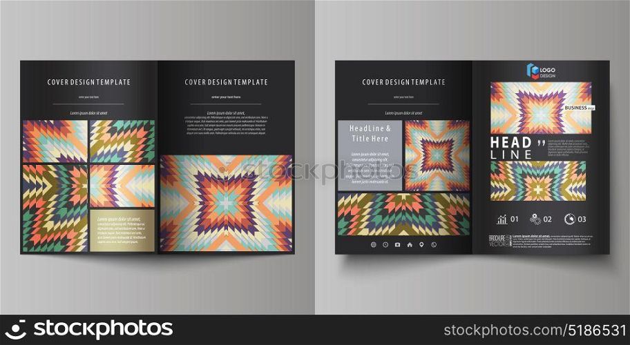 Business templates for bi fold brochure, flyer, booklet, report. Cover design template, abstract vector layout in A4 size. Tribal pattern, geometrical ornament in ethno syle, ethnic hipster background. Business templates for bi fold brochure, magazine, flyer, booklet or annual report. Cover design template, easy editable vector, abstract flat layout in A4 size. Tribal pattern, geometrical ornament in ethno syle, ethnic hipster backdrop, vintage fashion background.