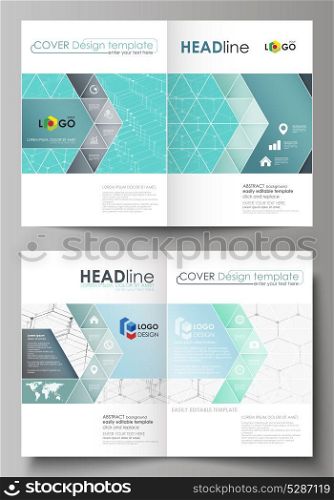 Business templates for bi fold brochure, flyer, booklet, report. Cover design template, vector layout in A4 size. Chemistry pattern, hexagonal molecule structure on blue. Medicine, technology concept.. Business templates for bi fold brochure, flyer, booklet, report. Cover design template, vector layout in A4 size. Chemistry pattern, hexagonal molecule structure on blue. Medicine, technology concept