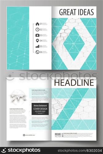 Business templates for bi fold brochure, flyer, booklet, report. Cover design template, vector layout in A4 size. Chemistry pattern, hexagonal molecule structure on blue. Medicine, technology concept.. Business templates for bi fold brochure, magazine, flyer, booklet or annual report. Cover design template, easy editable vector, abstract flat layout in A4 size. Chemistry pattern, hexagonal molecule structure on blue. Medicine, science and technology concept.