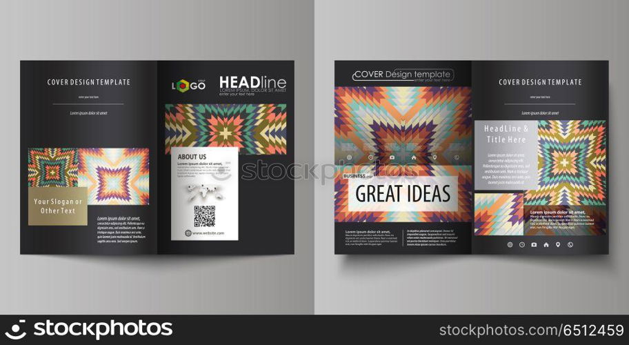 Business templates for bi fold brochure, flyer, booklet, report. Cover design template, abstract vector layout in A4 size. Tribal pattern, geometrical ornament in ethno syle, ethnic hipster background. Business templates for bi fold brochure, magazine, flyer, booklet or annual report. Cover design template, easy editable vector, abstract flat layout in A4 size. Tribal pattern, geometrical ornament in ethno syle, ethnic hipster backdrop, vintage fashion background.