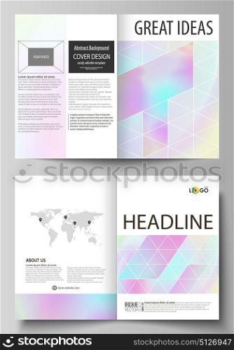 Business templates for bi fold brochure, flyer. Cover design template, abstract vector layout in A4 size. Hologram, background in pastel colors, holographic effect. Blurred pattern, futuristic texture. Business templates for bi fold brochure, magazine, flyer, booklet or annual report. Cover design template, easy editable vector, abstract flat layout in A4 size. Hologram, background in pastel colors with holographic effect. Blurred colorful pattern, futuristic surreal texture.