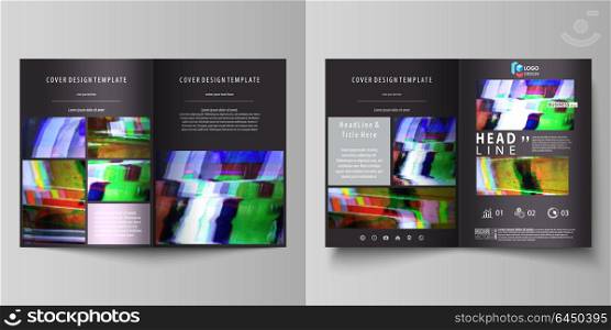Business templates for bi fold brochure, flyer. Cover design template, abstract vector layout in A4 size. Glitched background, colorful pixel mosaic. Digital decay, signal error, television fail.. Business templates for bi fold brochure, magazine, flyer, booklet or annual report. Cover design template, easy editable vector, abstract flat layout in A4 size. Glitched background made of colorful pixel mosaic. Digital decay, signal error, television fail.