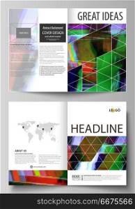 Business templates for bi fold brochure, flyer. Cover design template, abstract vector layout in A4 size. Glitched background, colorful pixel mosaic. Digital decay, signal error, television fail.. Business templates for bi fold brochure, magazine, flyer, booklet or annual report. Cover design template, easy editable vector, abstract flat layout in A4 size. Glitched background made of colorful pixel mosaic. Digital decay, signal error, television fail.