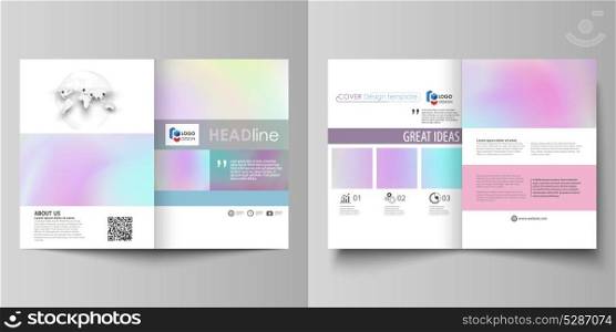 Business templates for bi fold brochure, flyer. Cover design template, abstract vector layout, A4 size. Hologram, background in pastel colors, holographic effect. Blurred pattern, futuristic texture. Business templates for bi fold brochure, flyer. Cover design template, abstract vector layout in A4 size. Hologram, background in pastel colors, holographic effect. Blurred pattern, futuristic texture