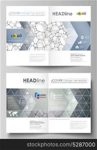 Business templates for bi fold brochure, flyer. Cover design template, vector layout in A4 size. Chemistry pattern, molecular texture, polygonal molecule structure, cell. Medicine microbiology concept. Business templates for bi fold brochure, flyer. Cover design template, vector layout, A4 size. Chemistry pattern, molecular texture, polygonal molecule structure, cell. Medicine microbiology concept