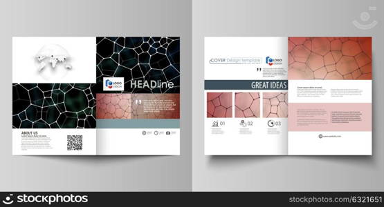 Business templates for bi fold brochure, flyer. Cover design template, vector layout in A4 size. Chemistry pattern, molecular texture, polygonal molecule structure, cell. Medicine microbiology concept. Business templates for bi fold brochure, magazine, flyer, booklet or annual report. Cover design template, easy editable vector, abstract flat layout in A4 size. Chemistry pattern, molecular texture, polygonal molecule structure, cell. Medicine, science, microbiology concept.