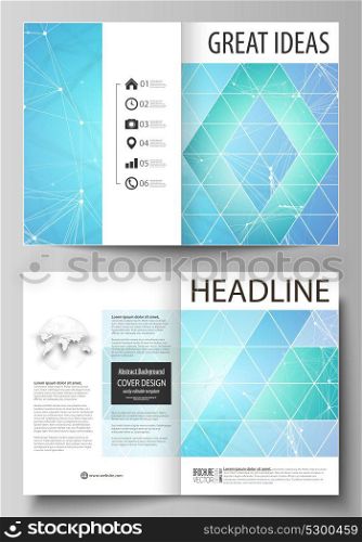 Business templates for bi fold brochure, flyer. Cover design template, vector layouts, A4 size. Chemistry pattern, connecting lines and dots, molecule structure, medical DNA research. Medicine concept. Business templates, bi fold brochure or flyer. Cover design template, vector layouts, A4 size. Chemistry pattern, connecting lines and dots, molecule structure, medical DNA research. Medicine concept
