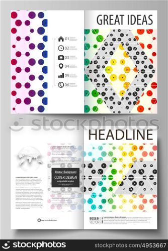 Business templates for bi fold brochure, flyer, report. Cover template, abstract vector layout in A4 size. Chemistry pattern, hexagonal design molecule structure. Geometric colorful background.. Business templates for bi fold brochure, magazine, flyer, booklet or annual report. Cover design template, easy editable vector, abstract flat layout in A4 size. Chemistry pattern, hexagonal design molecule structure, scientific, medical DNA research. Geometric colorful background.