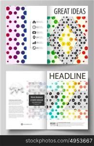 Business templates for bi fold brochure, flyer, report. Cover template, abstract vector layout in A4 size. Chemistry pattern, hexagonal design molecule structure. Geometric colorful background.. Business templates for bi fold brochure, magazine, flyer, booklet or annual report. Cover design template, easy editable vector, abstract flat layout in A4 size. Chemistry pattern, hexagonal design molecule structure, scientific, medical DNA research. Geometric colorful background.