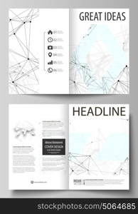 Business templates for bi fold brochure, flyer, report. Cover design template, vector layout in A4 size. Chemistry pattern, connecting lines and dots, molecule structure on white, geometric background. Business templates for bi fold brochure, magazine, flyer, booklet or annual report. Cover design template, easy editable vector, abstract flat layout in A4 size. Chemistry pattern, connecting lines and dots, molecule structure on white, geometric graphic background.