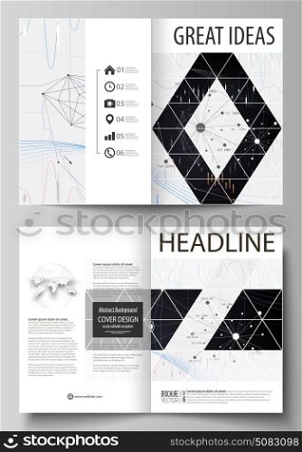 Business templates for bi fold brochure, flyer, report. Cover design template, vector layout in A4 size. Abstract infographic background with lines, symbols, charts and other elements.. Business templates for bi fold brochure, magazine, flyer, booklet or annual report. Cover design template, easy editable vector, abstract flat layout in A4 size. Abstract infographic background in minimalist style made from lines, symbols, charts, diagrams and other elements.