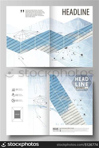 Business templates for bi fold brochure, flyer, report. Cover design template, vector layout in A4 size. Blue color abstract infographic background with lines, symbols, charts and other elements.. Business templates for bi fold brochure, magazine, flyer, booklet or annual report. Cover design template, easy editable vector, abstract flat layout in A4 size. Blue color abstract infographic background in minimalist style made from lines, symbols, charts, diagrams and other elements.