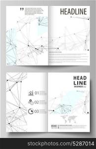 Business templates for bi fold brochure, flyer, report. Cover design template, vector layout in A4 size. Chemistry pattern, connecting lines and dots, molecule structure on white, geometric background. Business templates for bi fold brochure, flyer, report. Cover design template, vector layout, A4 size. Chemistry pattern, connecting lines and dots, molecule structure on white, geometric background