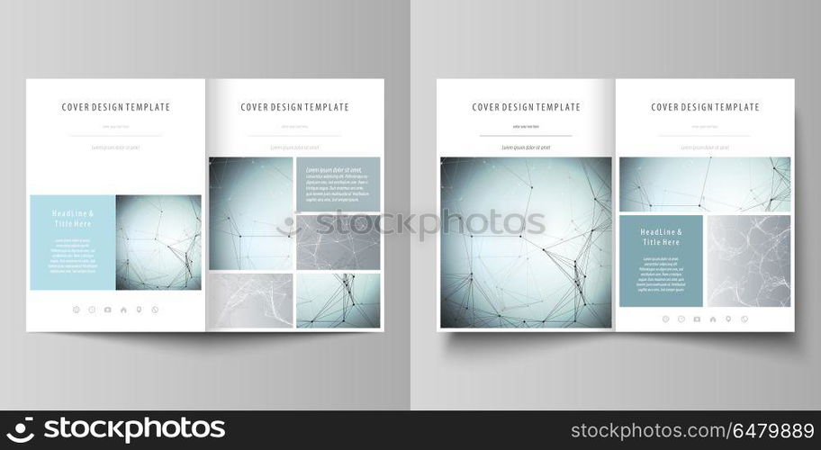 Business templates for bi fold brochure, flyer, report. Cover design template, vector flat layout in A4 size. Chemistry pattern, connecting lines and dots, molecule structure, medical DNA research.. Business templates for bi fold brochure, magazine, flyer, booklet or annual report. Cover design template, easy editable vector, abstract flat layout in A4 size. Chemistry pattern, connecting lines and dots, molecule structure, scientific medical DNA research.