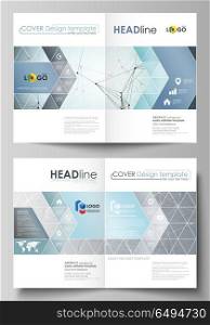 Business templates for bi fold brochure, flyer, report. Cover design template, vector flat layout in A4 size. Chemistry pattern, connecting lines and dots, molecule structure, medical DNA research.. Business templates for bi fold brochure, magazine, flyer, booklet or annual report. Cover design template, easy editable vector, abstract flat layout in A4 size. Chemistry pattern, connecting lines and dots, molecule structure, scientific medical DNA research.