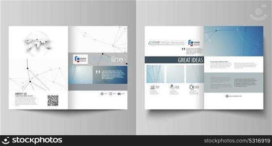 Business templates for bi fold brochure, magazine, flyer. Cover design template, vector layout in A4 size. Geometric blue background, molecule structure, science concept. Connected lines and dots.. Business templates for bi fold brochure, magazine, flyer, booklet or annual report. Cover design template, easy editable vector, abstract flat layout in A4 size. Geometric blue color background, molecule structure, science concept. Connected lines and dots.