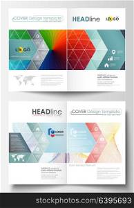Business templates for bi fold brochure, magazine, flyer. Cover template, easy editable vector, flat layout in A4 size. Colorful design background with abstract shapes and waves, overlap effect.. Business templates for bi fold brochure, magazine, flyer. Cover template, easy editable vector, flat layout in A4 size. Colorful design background with abstract shapes and waves, overlap effect