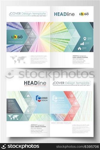 Business templates for bi fold brochure, magazine, flyer. Cover template, easy editable vector, flat layout in A4 size. Colorful background, abstract waves, lines. Bright color curves. Motion design.. Business templates for bi fold brochure, magazine, flyer. Cover template, easy editable vector, flat layout in A4 size. Colorful background with abstract waves, lines. Bright color curves. Motion design.