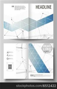 Business templates for bi fold brochure, magazine, flyer. Cover design template, vector layout in A4 size. Geometric blue background, molecule structure, science concept. Connected lines and dots.. Business templates for bi fold brochure, magazine, flyer, booklet or annual report. Cover design template, easy editable vector, abstract flat layout in A4 size. Geometric blue color background, molecule structure, science concept. Connected lines and dots.