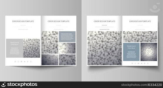 Business templates for bi fold brochure, magazine, flyer, booklet. Cover design template, abstract vector layout in A4 size. Pattern made from squares, gray background in geometrical style.. Business templates for bi fold brochure, magazine, flyer, booklet or annual report. Cover design template, easy editable vector, abstract flat layout in A4 size. Pattern made from squares, gray background in geometrical style. Simple texture.