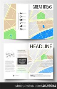 Business templates for bi fold brochure, magazine, flyer, booklet or annual report. Cover design template, easy editable blank, abstract flat layout in A4 size. City map with streets. Flat design template for tourism businesses, abstract vector illustration.