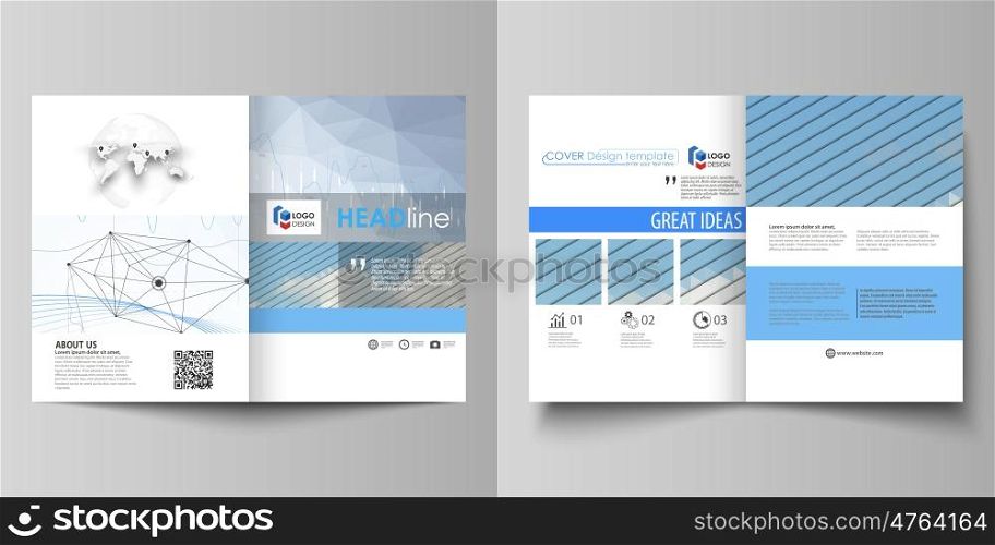 Business templates for bi fold brochure, magazine, flyer, booklet or annual report. Cover design template, easy editable vector, abstract flat layout in A4 size. Blue color abstract infographic background in minimalist style made from lines, symbols, charts, diagrams and other elements.