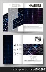 Business templates for bi fold brochure, magazine, flyer, booklet or annual report. Cover design template, easy editable vector, abstract flat layout in A4 size. Abstract colorful neon dots, dotted technology background. Glowing particles, led light pattern, futuristic texture, digital vector design.