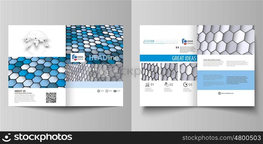 Business templates for bi fold brochure, magazine, flyer, booklet or annual report. Cover design template, easy editable vector, abstract flat layout in A4 size. Blue and gray color hexagons in perspective. Abstract polygonal style modern background.