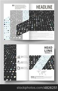 Business templates for bi fold brochure, magazine, flyer, booklet or annual report. Cover design template, easy editable vector, abstract flat layout in A4 size. Abstract soft color dots with illusion of depth and perspective, dotted technology background. Multicolored particles, modern pattern, elegant texture, vector design.