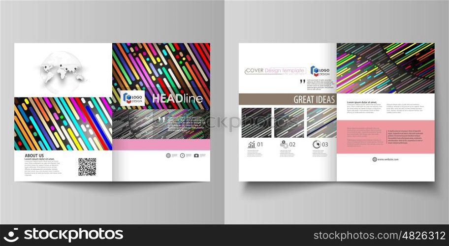 Business templates for bi fold brochure, magazine, flyer, booklet or annual report. Cover design template, easy editable vector, abstract flat layout in A4 size. Colorful background made of stripes. Abstract tubes and dots. Glowing multicolored texture.