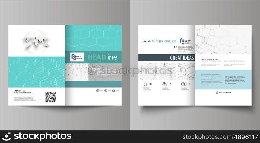Business templates for bi fold brochure, magazine, flyer, booklet or annual report. Cover design template, easy editable vector, abstract flat layout in A4 size. Chemistry pattern, hexagonal molecule structure on blue. Medicine, science and technology concept.
