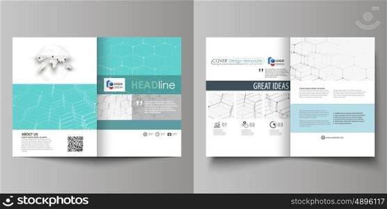 Business templates for bi fold brochure, magazine, flyer, booklet or annual report. Cover design template, easy editable vector, abstract flat layout in A4 size. Chemistry pattern, hexagonal molecule structure on blue. Medicine, science and technology concept.