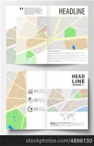 Business templates for bi fold brochure, magazine, flyer, booklet or annual report. Cover design template, easy editable blank, abstract flat layout in A4 size. City map with streets. Flat design template for tourism businesses, abstract vector illustration.