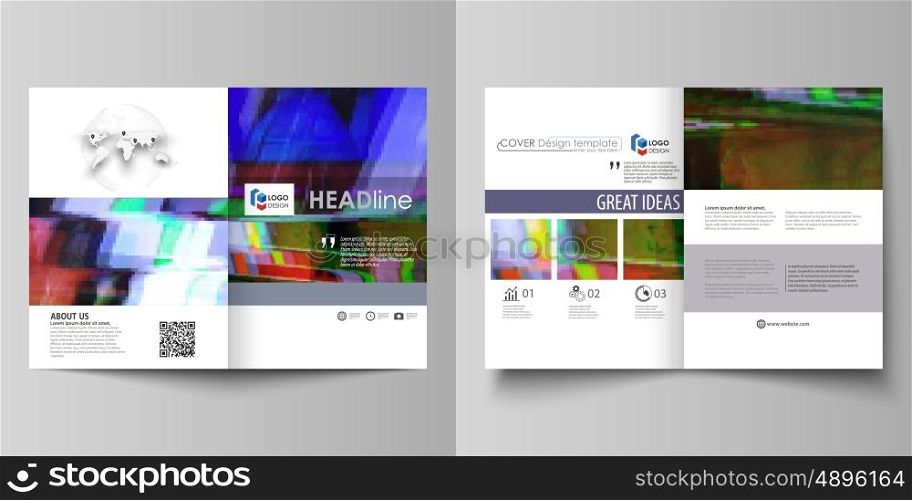 Business templates for bi fold brochure, magazine, flyer, booklet or annual report. Cover design template, easy editable vector, abstract flat layout in A4 size. Glitched background made of colorful pixel mosaic. Digital decay, signal error, television fail.