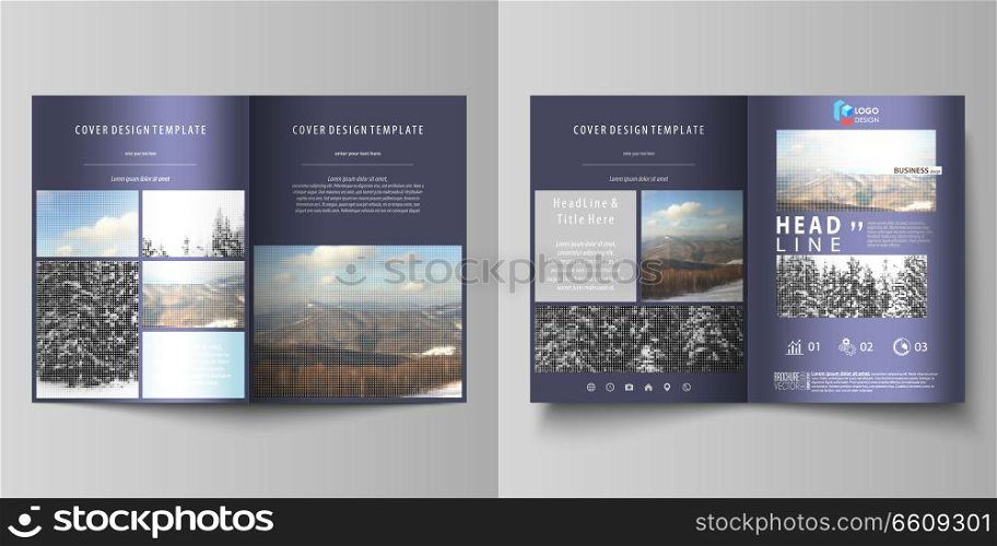 Business templates for bi fold brochure, magazine, flyer, booklet or annual report. Cover design template, easy editable vector, abstract flat layout in A4 size. Abstract landscape of nature. Dark color pattern in vintage style, mosaic texture.. Business templates for bi fold brochure, flyer, booklet, report. Cover design template, vector layout in A4 size. Abstract landscape of nature. Dark color pattern in vintage style, mosaic texture.