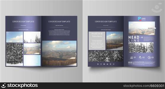 Business templates for bi fold brochure, magazine, flyer, booklet or annual report. Cover design template, easy editable vector, abstract flat layout in A4 size. Abstract landscape of nature. Dark color pattern in vintage style, mosaic texture.. Business templates for bi fold brochure, flyer, booklet, report. Cover design template, vector layout in A4 size. Abstract landscape of nature. Dark color pattern in vintage style, mosaic texture.