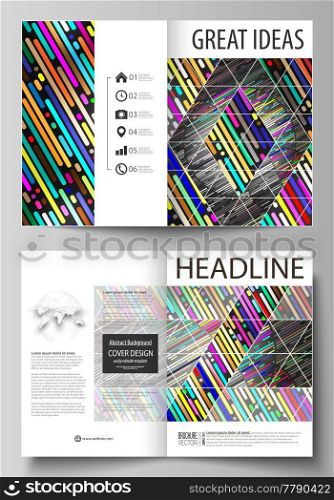 Business templates for bi fold brochure, magazine, flyer, booklet or annual report. Cover design template, easy editable vector, abstract flat layout in A4 size. Colorful background made of stripes. Abstract tubes and dots. Glowing multicolored texture.. Business templates for bi fold brochure, flyer, booklet. Cover design template, vector layout in A4 size. Colorful background made of stripes. Abstract tubes and dots. Glowing multicolored texture.