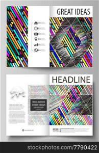 Business templates for bi fold brochure, magazine, flyer, booklet or annual report. Cover design template, easy editable vector, abstract flat layout in A4 size. Colorful background made of stripes. Abstract tubes and dots. Glowing multicolored texture.. Business templates for bi fold brochure, flyer, booklet. Cover design template, vector layout in A4 size. Colorful background made of stripes. Abstract tubes and dots. Glowing multicolored texture.