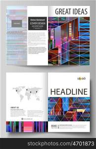 Business templates for bi fold brochure, magazine, flyer, booklet, report. Cover design template, abstract vector layout in A4 size. Glitched background made of colorful pixel mosaic. Digital decay, signal error, television fail. Trendy glitch backdrop.