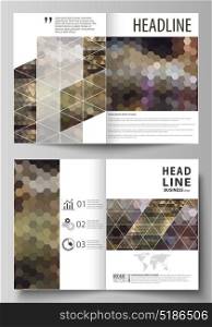 Business templates for bi fold brochure, magazine, flyer, booklet, report. Cover design template, vector layout in A4 size. Abstract backgrounds. Geometrical patterns. Triangular and hexagonal style.. Business templates for bi fold brochure, magazine, flyer, booklet or annual report. Cover design template, easy editable vector, abstract flat layout in A4 size. Abstract multicolored backgrounds. Geometrical patterns. Triangular and hexagonal style.