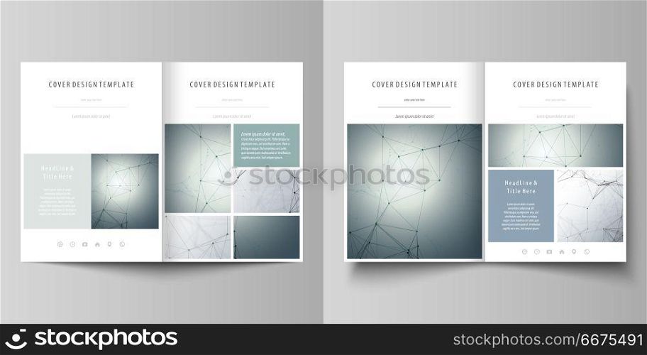 Business templates for bi fold brochure, magazine, flyer, booklet, report. Cover design template, vector layout in A4 size. Genetic and chemical compounds. DNA and neurons. Chemistry, science concept.. Business templates for bi fold brochure, magazine, flyer, booklet or annual report. Cover design template, easy editable vector, abstract flat layout in A4 size. Genetic and chemical compounds. Atom, DNA and neurons. Medicine, chemistry, science or technology concept. Geometric background.