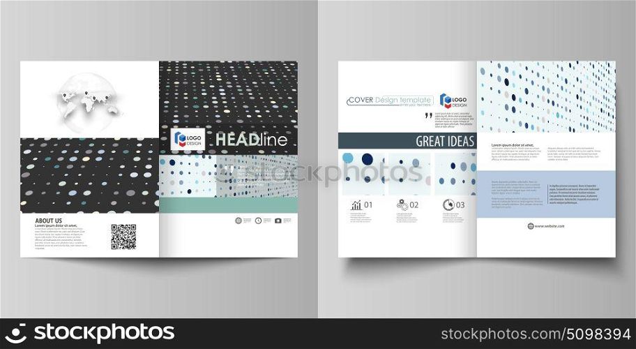 Business templates for bi fold brochure, magazine, flyer. Cover template, abstract layout in A4 size. Soft color dots with illusion of depth and perspective, dotted background. Elegant vector design.. Business templates for bi fold brochure, magazine, flyer, booklet or annual report. Cover design template, easy editable vector, abstract flat layout in A4 size. Abstract soft color dots with illusion of depth and perspective, dotted technology background. Multicolored particles, modern pattern, elegant texture, vector design.