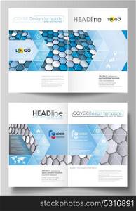 Business templates for bi fold brochure, magazine, flyer or report. Cover design template, vector layout in A4 size. Blue and gray color hexagons in perspective. Abstract polygonal style background.. Business templates for bi fold brochure, magazine, flyer, booklet or annual report. Cover design template, easy editable vector, abstract flat layout in A4 size. Blue and gray color hexagons in perspective. Abstract polygonal style modern background.