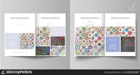 Business templates for bi fold brochure, magazine, flyer, report. Cover design template, abstract vector layout in A4 size. Bright color background in minimalist style made from colorful circles.. Business templates for bi fold brochure, magazine, flyer, booklet or annual report. Cover design template, easy editable vector, abstract flat layout in A4 size. Bright color background in minimalist style made from colorful circles.