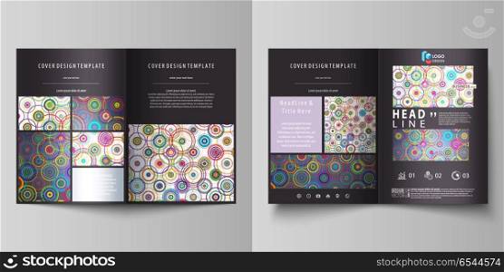 Business templates for bi fold brochure, magazine, flyer, report. Cover design template, abstract vector layout in A4 size. Bright color background in minimalist style made from colorful circles.. Business templates for bi fold brochure, magazine, flyer, booklet or annual report. Cover design template, easy editable vector, abstract flat layout in A4 size. Bright color background in minimalist style made from colorful circles.